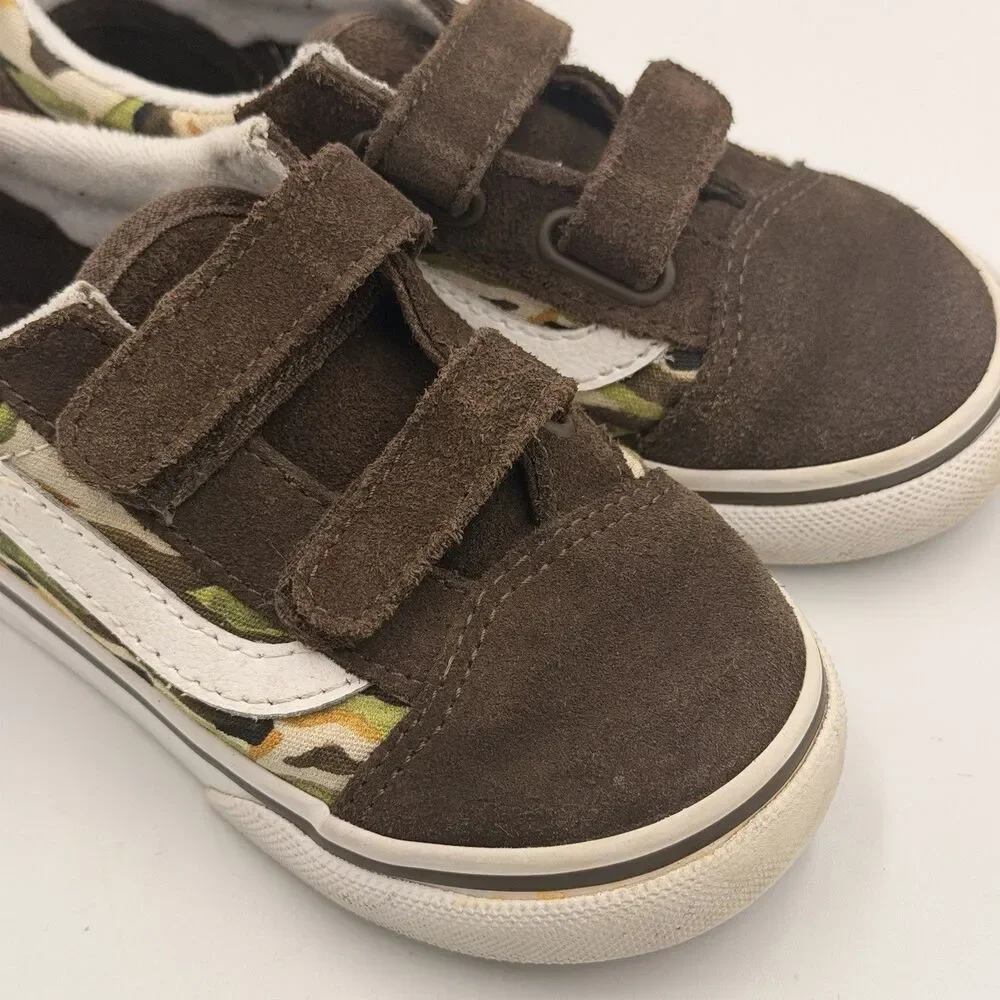 Vans Old Skool V Toddler 9 Painted Camo Brown Suede Hook & Loop Sneakers Shoes
